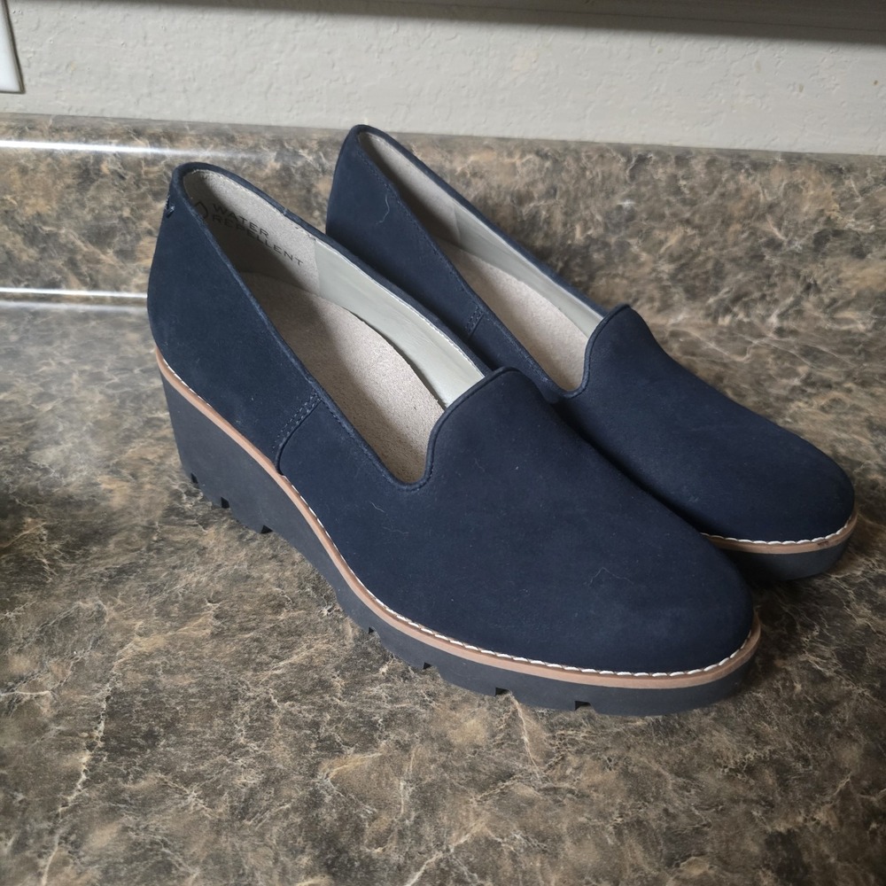 Vionic Willa Water Repellent Wedge Shoes Women's Size 8 Navy Blue Suede Comfort